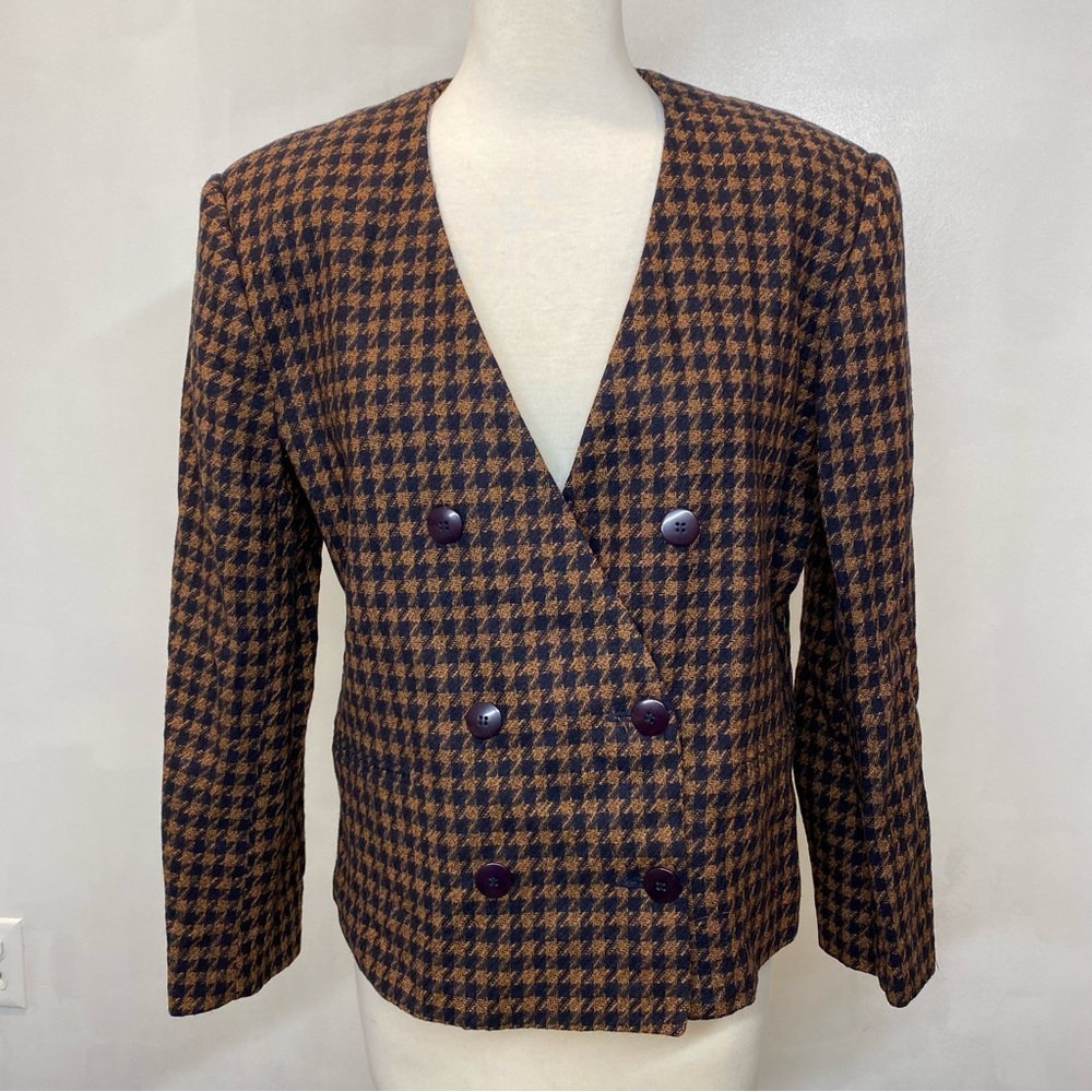 Jason Roberts Vintage Wool Brown Black Houndstooth Blazer Jacket Size 12
